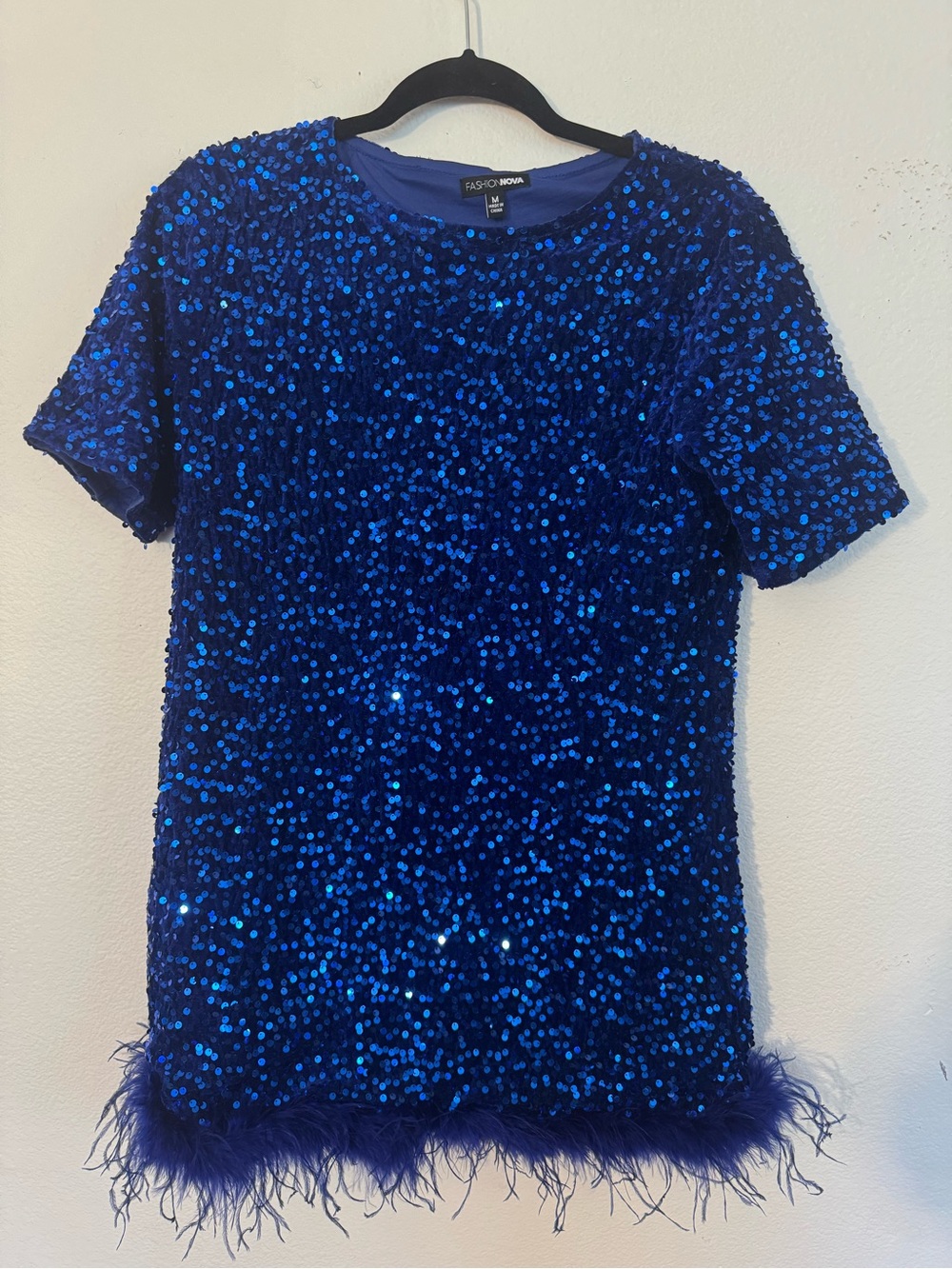 Fashion Nova Royal Blue Sequin Mini Dress with Feather Hem